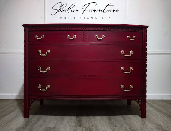 Sold!this is an example of my work.solid Wood Vintage Dresser Console Buffet Hand painted in deep red, Ornate Carvings and Restored Hardware