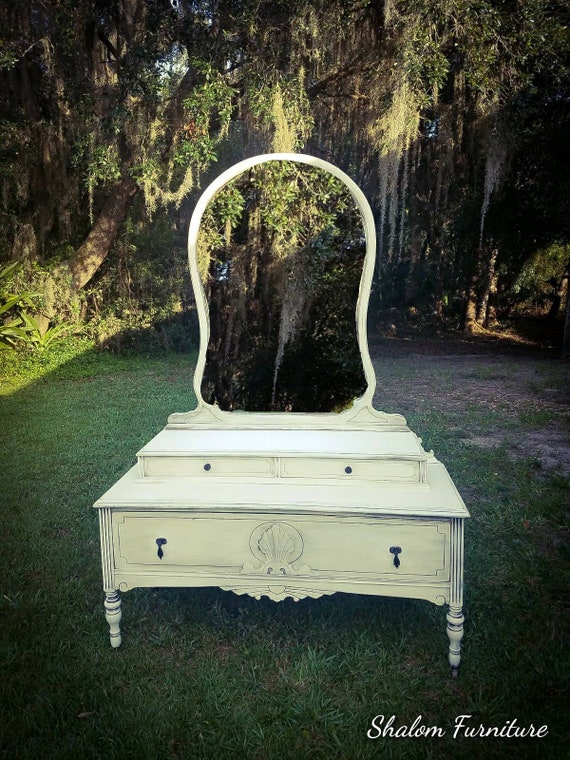 Vintage Jacobean Vanity with a Long Attached Mirror - Hand Painted White Farmhouse Console
