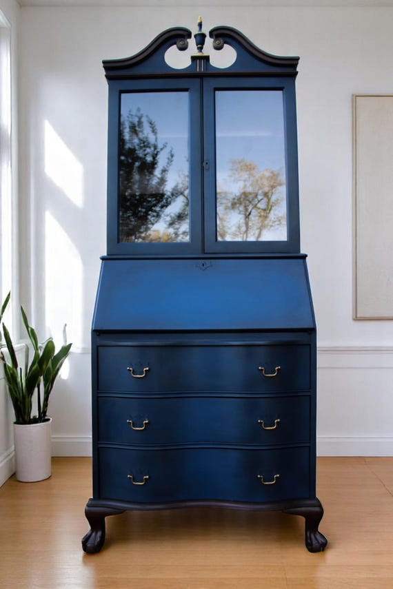 antique secretary desk, refinished furniture, mahogany finish, blue and gold accents, vintage home decor, wood desk,elegant office furniture