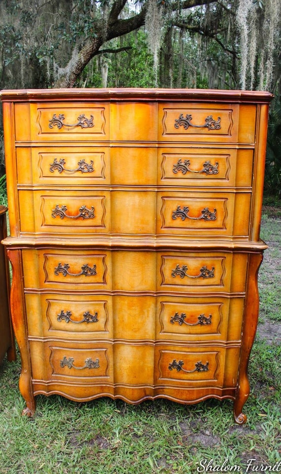 Vintage French Provincial Cherry Wood Tall Boy with Curvaceous Design