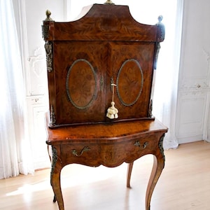 NEW! AVAILABLE! French Rococo Style Louis XV Inlaid Wood Petite Desk and Cabinet with Brass Emblems.