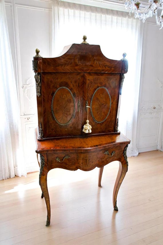 NEW! AVAILABLE! French Rococo Style Louis XV Inlaid Wood Petite Desk and Cabinet with Brass Emblems.