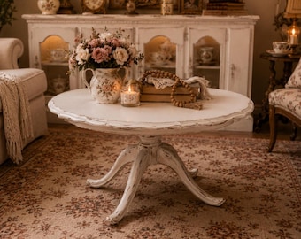NEW! AVAILABLE! Vintage Round Coffee Table | French Country Cottage Coffee Table | Distressed White Farmhouse Table Shabby Chic Living Room