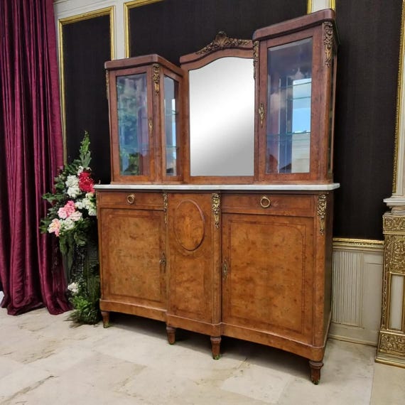Antique French Victorian Sideboard Buffet Cabinet - Marble Top, Glass Curio Display, Gorgeous Mirror, Inlaid Designs, Solid Wood