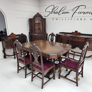 AVAILABLE! Antique 1800's Jacobean dining room set. Dining table with extension, dining chairs, large buffet, hutch , and small server table