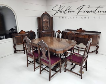 AVAILABLE! Antique 1800's Jacobean dining room set. Dining table with extension, dining chairs, large buffet, hutch , and small server table