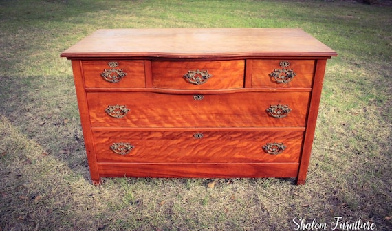 Antique Solid Wood Chest of Drawers with Ornate Hardware and Beautiful Grain