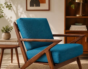 NEW! Vintage Mid Century Modern Lounge Chair | Sculptural Blue Accent Chair | Danish Modern Style Armchair | Retro Atomic Era Reading Chair
