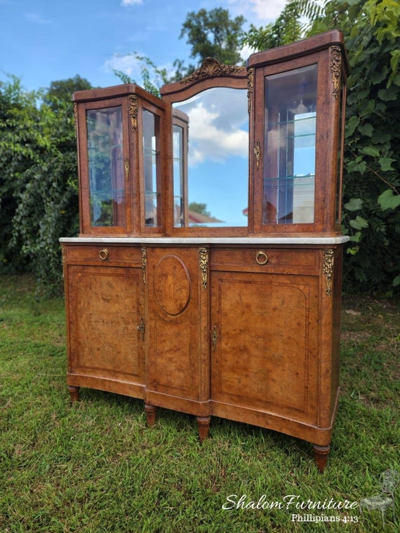 Antique French Victorian Sideboard Buffet Cabinet - Marble Top, Glass Curio Display, Gorgeous Mirror, Inlaid Designs, Solid Wood