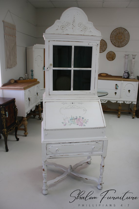 Antique English Secretary Hutch White Distressed with Original Hardware & Ornate Carvings