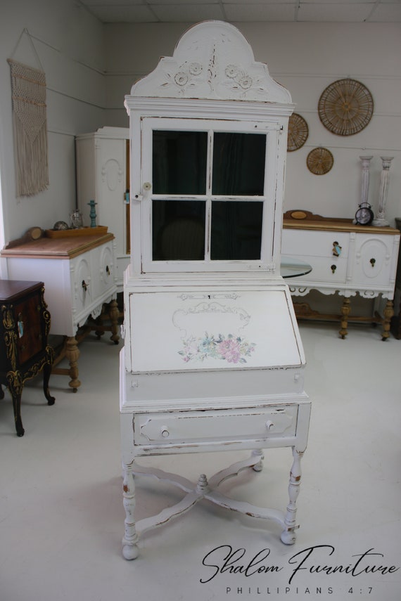 SOLD Not available! Antique English Secretary Hutch White Distressed with Original Hardware & Ornate Carvings
