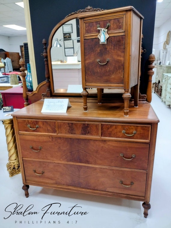 Antique bedroom set, dresser and mirror, bed, and small nightstand. Depression era, Jacobean furniture