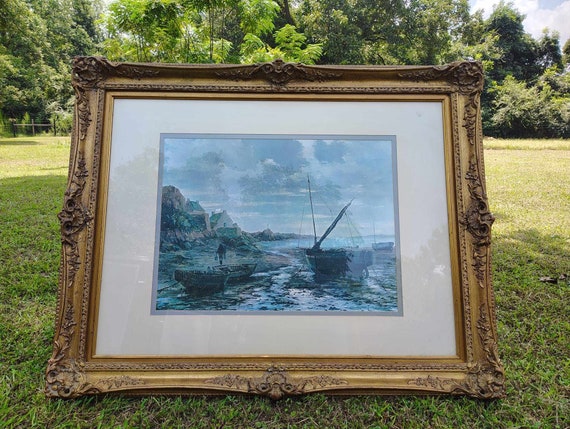 Antique Rococo Maritime Painting: Coastal Scene, Fisherman, Beach, Boats, Ocean, Seascape Art, Nautical Decor, Vintage, Coastal Serenity