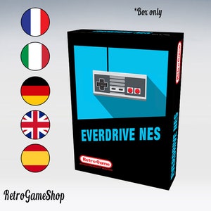 Puede incluir: Una caja negra con fondo azul y un mando NES blanco. La caja dice "Everdrive NES" y "Retro Game Entertainment System".