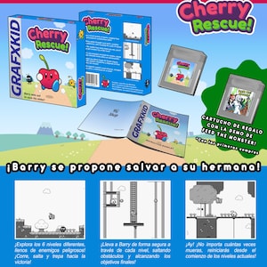 Puede incluir: Imagen promocional del videojuego "Cherry Rescue!" con cajas de juego, cartuchos y un folleto. El título del juego está en una fuente de burbujas con un gráfico de cereza. También se ve el texto "¡Barry se propone salvar a su hermana!"