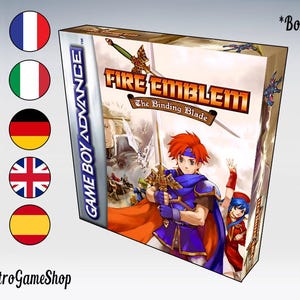 May include: A Game Boy Advance game case for Fire Emblem: The Binding Blade. The case is red, white, and blue with a picture of the main character, a young man with red hair, holding a sword. The text "Fire Emblem" is in large, bold letters on the case.