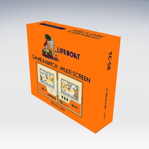 Può includere: Una scatola arancione per il videogioco Lifeboat Game & Watch Multi Screen. La scatola presenta il titolo del gioco, una grafica dello schermo e il logo Nintendo. La scatola è etichettata TC-58 e datata 1983.