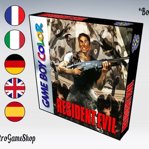 以下が含まれることがあります： 赤と白のバイオハザードロゴがついた黒いゲームボーイカラーのゲームボックス。ボックスには、ゾンビを背景にショットガンを持った男性のグラフィックが描かれている。ボックスの側面には「GAME BOY COLOR」の文字が印刷されている。ボックスの右上隅には「*ボックスのみ」の文字が印刷されている。