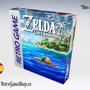 May include: A blue and white box for the game "The Legend of Zelda: Link's Awakening" for the Game Boy Color. The box features a cartoon image of Link sleeping on a raft in the ocean. The text "RETRO GAME" is printed on the side of the box.