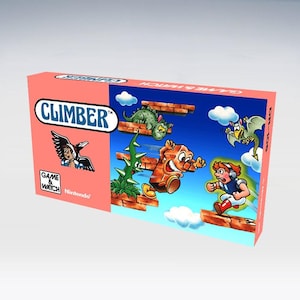 Op de afbeelding: Een retro videogamebox voor "Climber" met een cartoonillustratie van een personage dat obstakels beklimt. De doos heeft een roze achtergrond met de speltitel en het merk "Game & Watch". De illustratie toont een personage dat wegrent van een monster.