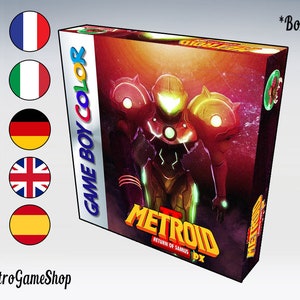 Puede incluir: Una caja de cartucho de juego Game Boy Color roja, naranja y amarilla con un personaje con un traje rojo y amarillo y una visera verde. La caja tiene el texto "Metroid Return of Samus DX". La caja está a la venta y está etiquetada como "*Solo caja".
