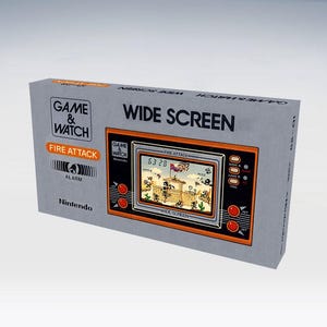 Puede incluir: Una consola de juegos portátil Nintendo Game & Watch "Fire Attack" vintage en su caja original. La caja es gris con detalles en naranja y negro, y presenta el título del juego y un gráfico del juego. La pantalla muestra una escena de juego pixelada.