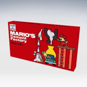 May include: A red box for the Nintendo Game & Watch game, "Mario's Cement Factory." The box features a cartoon illustration of Mario in his classic outfit, along with other characters and imagery from the game.
