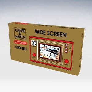 Könnte beinhalten: Eine Vintage Game & Watch Octopus Handheld-Spielkonsole in ihrer Originalverpackung. Die Box ist braun mit rotem und schwarzem Text, einschließlich "GAME & WATCH" und "OCTOPUS". Der Spielbildschirm zeigt eine Oktopus- und Taucherszene. Die Konsole hat rote Knöpfe.