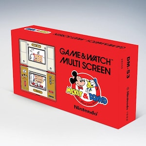 Puede incluir: Caja roja para un videojuego Game & Watch Multi Screen con Mickey & Donald. La caja muestra ilustraciones de la pantalla y los personajes del juego, con el logotipo de Nintendo y el texto "DM-53" y "Nintendo 1982".