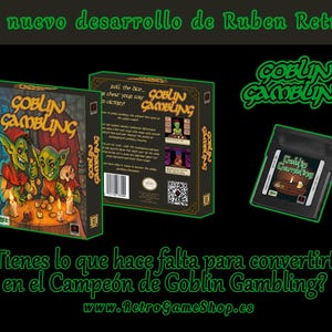 May include: A Game Boy game box and cartridge for "Goblin Gambling" with green goblins, candles, and text. The box features the Game Boy logo and the text "El nuevo desarrollo de Ruben Retro". The cartridge is black.