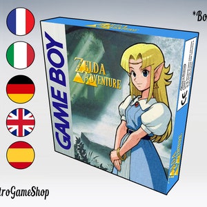 以下が含まれることがあります： 青いゲームボーイカートリッジボックスで、青いドレスを着た金髪の女性キャラクターの画像が描かれています。ボックスには「ゼルダの冒険」と書かれています。ボックスは販売中で、「箱のみ」と表示されています。