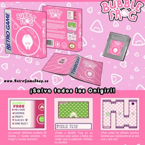 Puede incluir: Caja y cartucho de juego retro rosa para "Bubble Frog". La caja presenta un personaje de rana de dibujos animados blanco y el texto "Retro Game". El título del juego se muestra en una fuente de burbujas. La imagen también incluye capturas de pantalla del juego y texto en español.