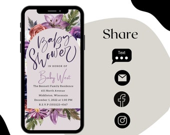 Purple Floral Baby Shower Invitation, Editable Text Invite (Digital Download)