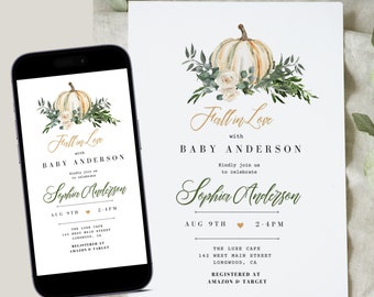 Invito per baby shower a tema zucca, "Innamorarsi" (stampabile in formato digitale)