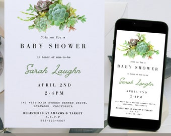 Succulent Baby Shower Invitation, Editable Minimalist Template (Digital)