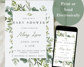 Greenery Baby Shower Invitation, Editable Template (Digital Invite)