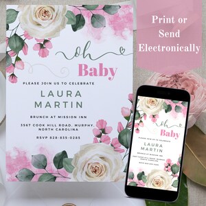 oh baby Pink Girl Floral Baby shower Digital invitation download electronic editable Text invite Animated