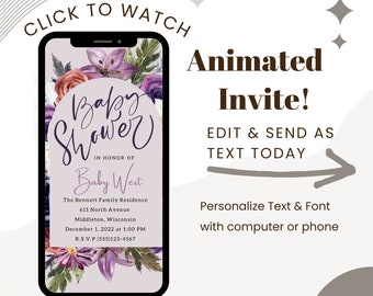 Purple Floral Baby Shower E-Card, Text Invite (Digital Download)
