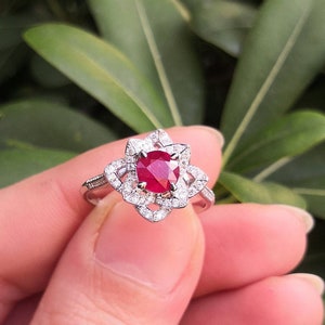 Nature Inspired Genuine Ruby and Diamond Flower Engagement Ring image 1