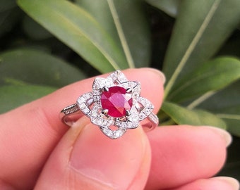 Nature Inspired Genuine Ruby and Diamond Flower Engagement Ring