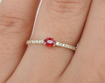 Dainty Oval Natural Ruby and Diamond Engagement Ring – Small Genuine July & April Dual Birthstone Ring – Simple Gold Ruby Stacking Ring