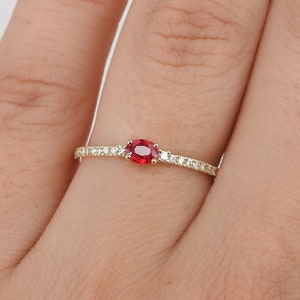Dainty Oval Natural Ruby and Diamond Engagement Ring – Small Genuine July & April Dual Birthstone Ring – Simple Gold Ruby Stacking Ring
