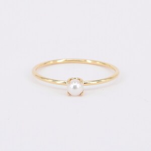 Dainty Solid Gold Pearl Ring – Small Vintage Pearl Engagement Ring – Natural Freshwater Pearl Stacking Ring – June Birthstone Promise Ring