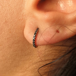 Black Diamond Huggie Earrings – Flat Hoop Earrings - Dainty Delicate Birdal Set Earrings – Genuine Handmade Diamond Jewelry