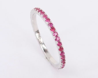 Full Natural Ruby Wedding Band – Minimalist July Birthstone Eternity Ring – Simple Stacking Bridal Jewelry