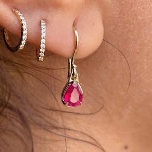 Genuine Pear-Shaped Ruby Dangling Earrings - Minimalistic Solid 18K Gold Hook Earrings - July Birthstone Jewelry
