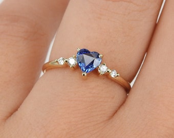 Dainty Blue Heart Sapphire Engagement Ring – Cornflower Sapphire & Diamond Promise Ring – Genuine September Birthstone Stacking Ring