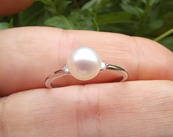 Pearl and Diamond Engagement Ring – April & June Dual Birthstone Ring – Real Freshwater Solid Gold Ring – Simple Natural Pearl Promise Ring