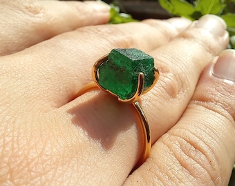 Raw Emerald Solitaire Engagement Ring - Unique Nature-Inspired May Birthstone Ring