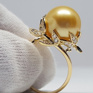 Golden South Sea Pearl Engagement Ring Nature Inspired Pearl and Diamond Ring Chunky Solid Gold Pearl Ring Unique June Birthstone Ring image 3